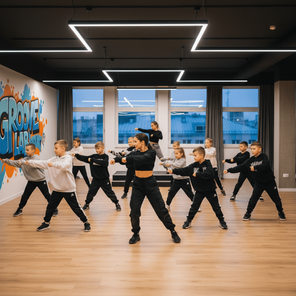 Clase de danza urbana con instructor guiando estudiantes