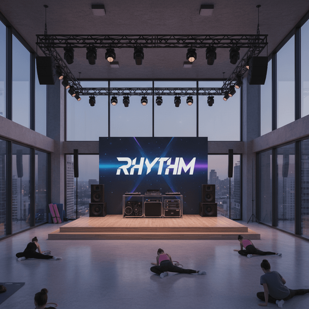 Espacio del estudio con área de escenario para entrenamientos y presentaciones