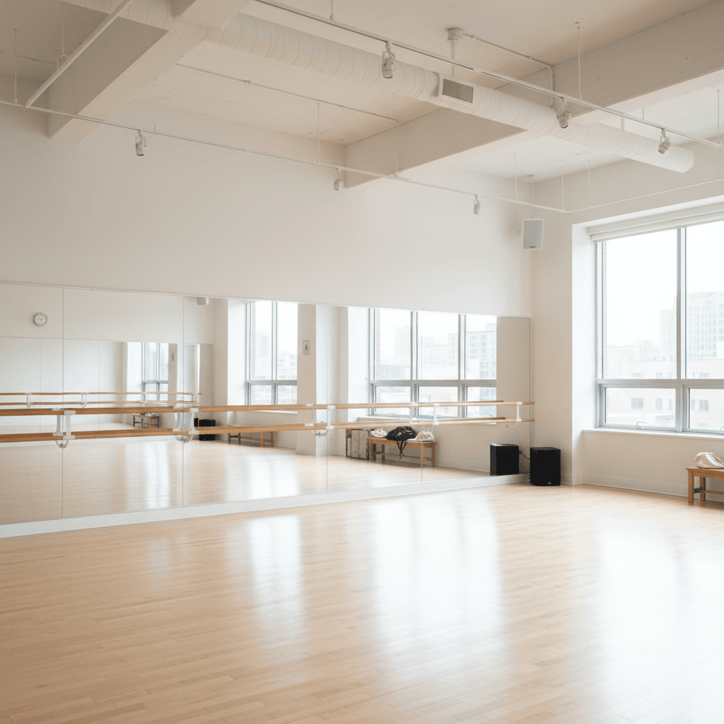 Interior del estudio con pisos de madera y espejos de cuerpo completo